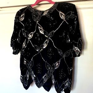 Vintage beaded and sequined sparkly silk blouse with rhinestone detail @ collar
